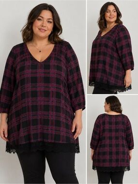 Massini Plaid Sheer Tunic Blouse Black Lace Trim Size 2X EUC